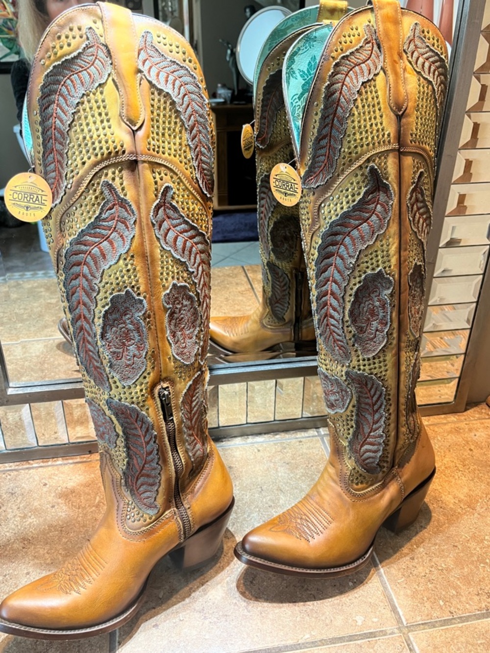New! Corral Tan and Dark Brown Leather Over the Knee High Western Boots - Picture 11 of 16